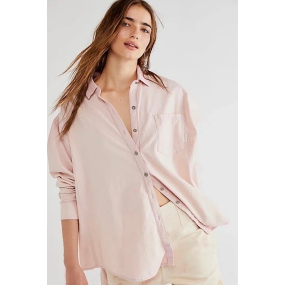 Free People Oxford Dreams Oversized Button Up Shirt Small Tunic Top Washed Pink